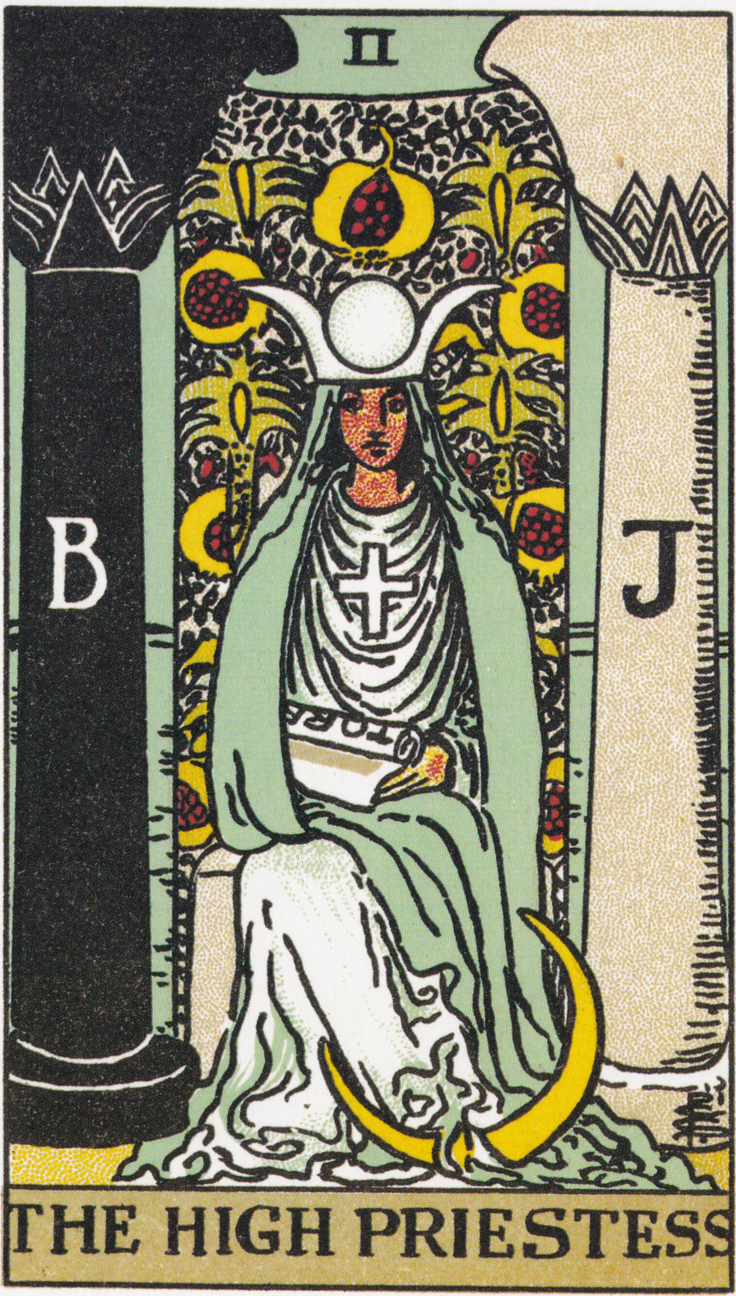 The High Priestess tarot card from the Rider Waite Smith deck, depicting a seated veiled woman in blue robes between a black pillar marked B and a white pillar marked J. She wears a lunar crown, holds a scroll labelled TORA, and sits before a veil patterne