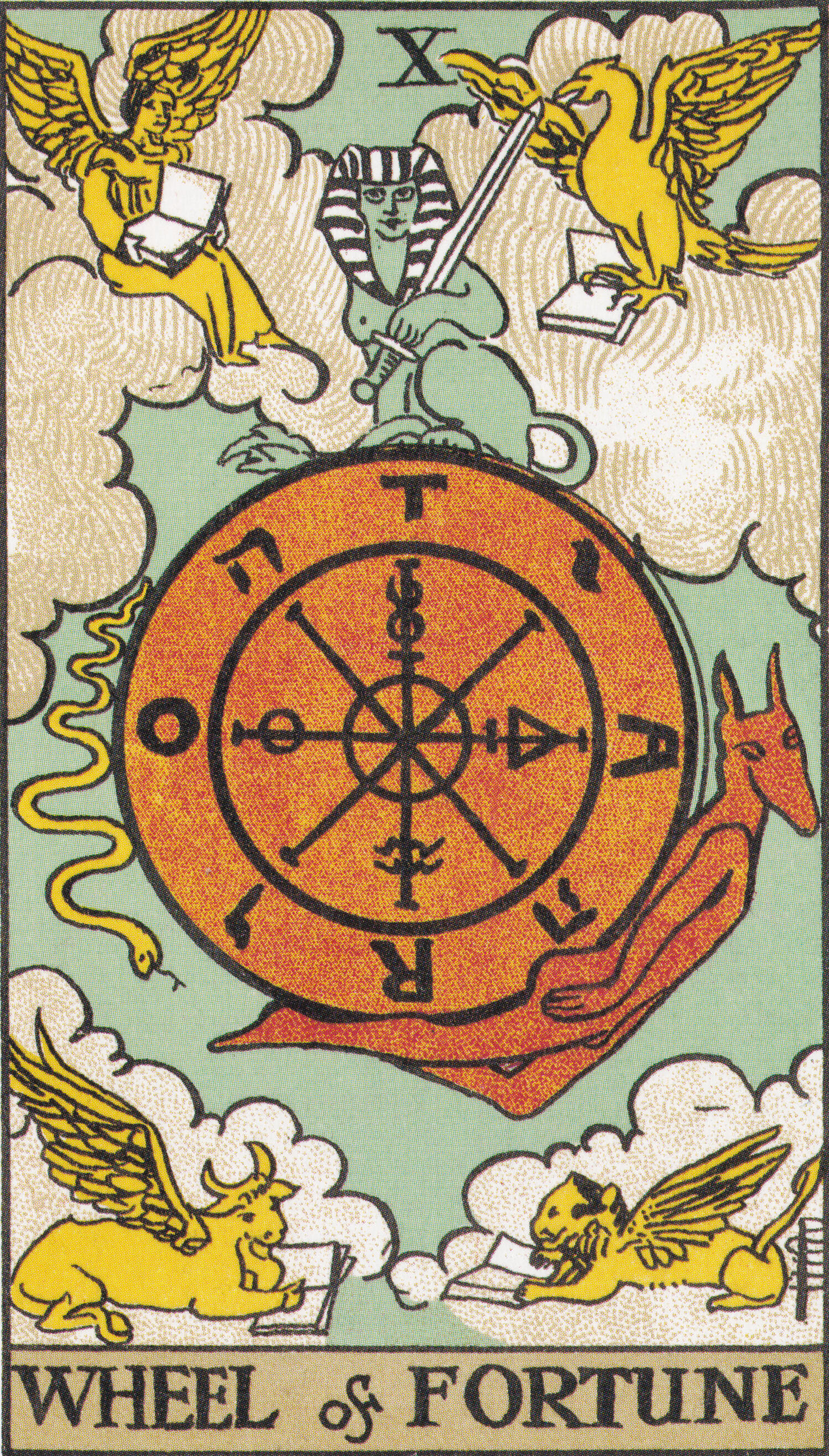 Wheel of Fortune tarot card from the Rider Waite Smith deck, showing a large orange wheel marked with alchemical symbols and Hebrew letters, surrounded by clouds. A blue sphinx holding a sword sits atop the wheel, while a red Anubis figure rises on the rig
