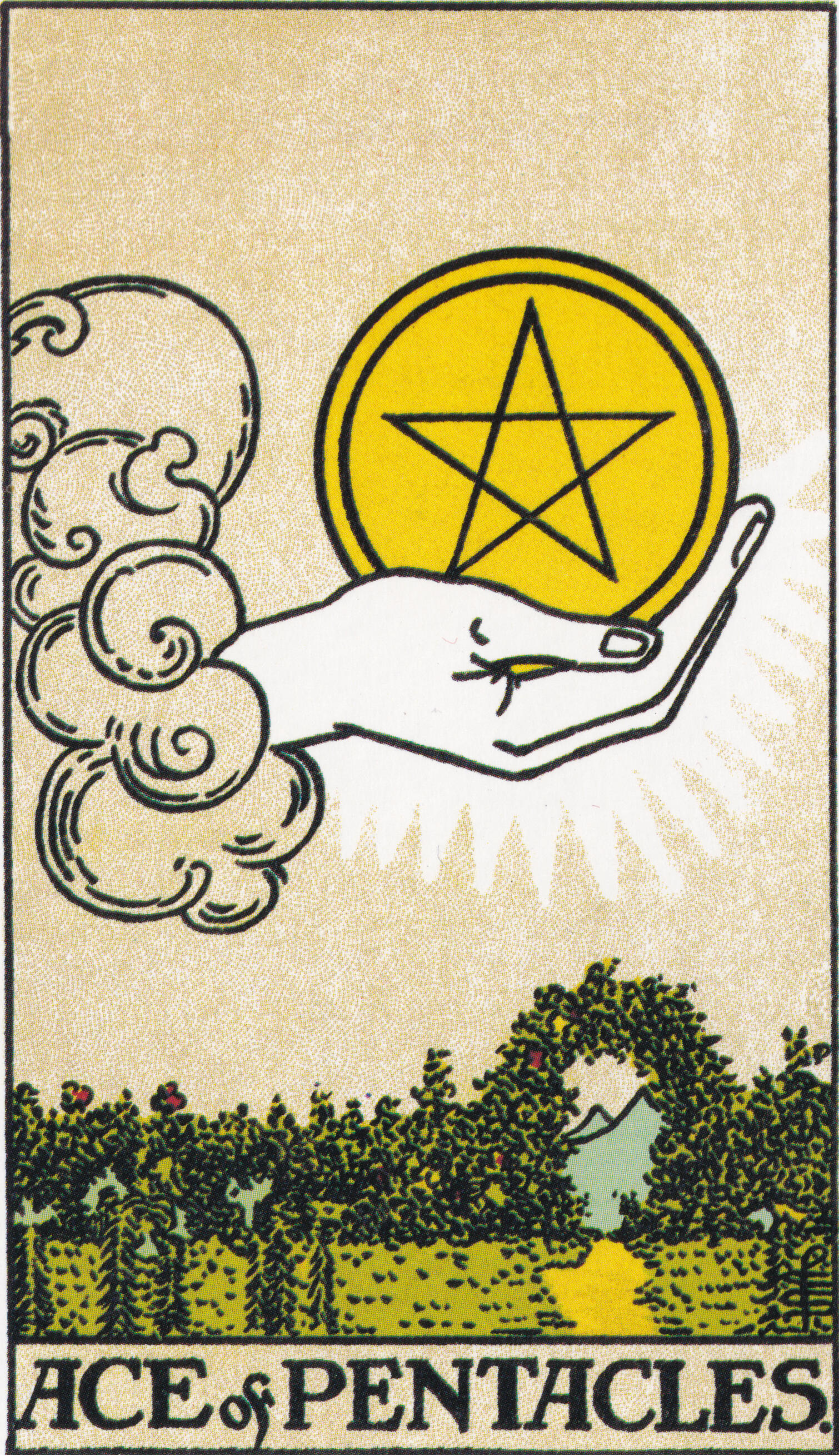 The Ace of Pentacles tarot card from the Rider Waite Smith deck, showing a disembodied hand emerging from a cloud holding a large gold pentacle. Below is a lush garden landscape with flowering plants, a hedge, and a path leading through an arched gateway t